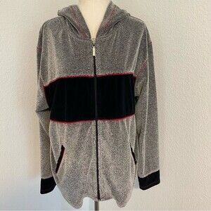 ERIKA Silver Gray with Navy Red Velour Accents Long Sleeve Hoodie Full Zip XL